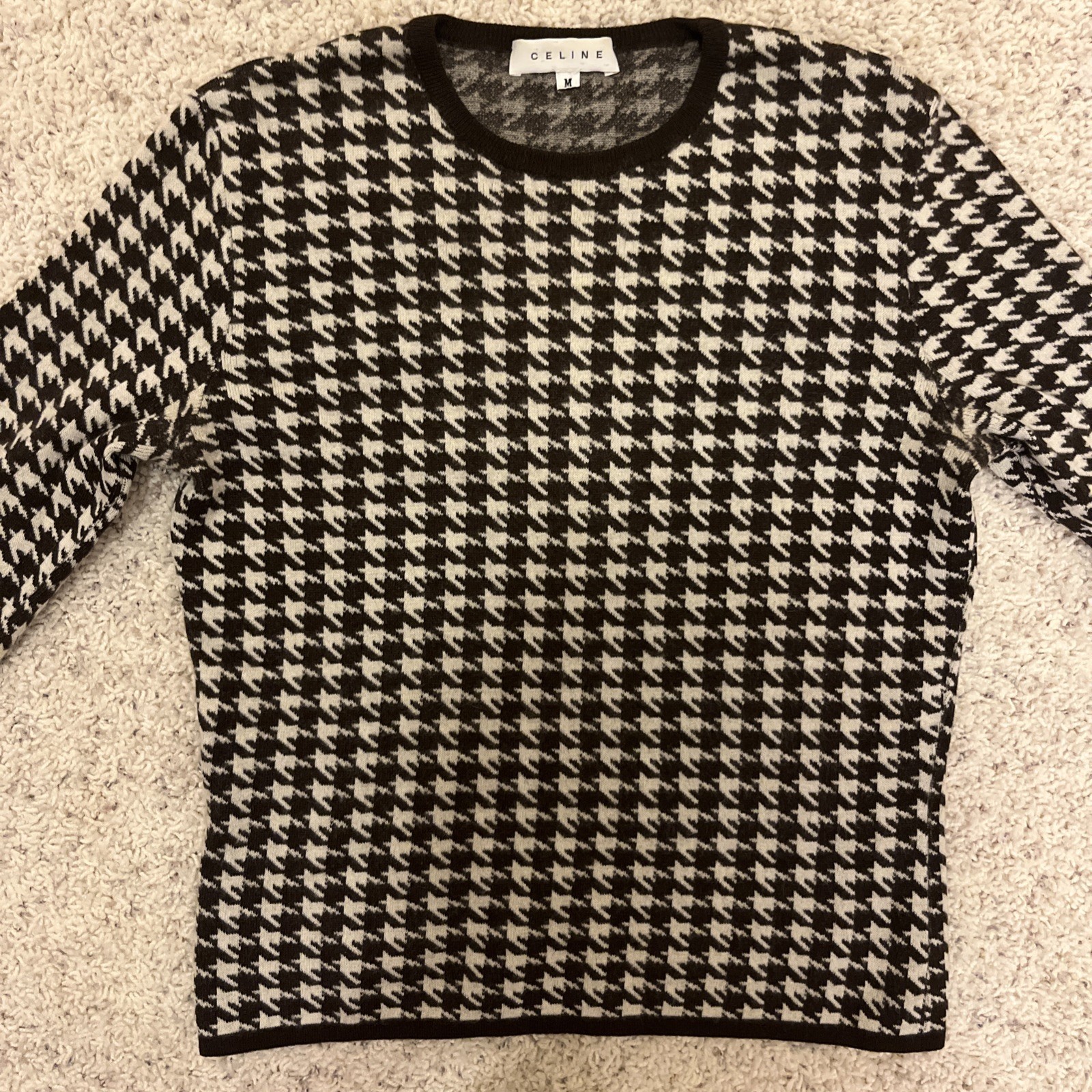 CELINE Houndstooth 96% Cashmere Sweater & Matching Scarf 2-Pc Set Brown M