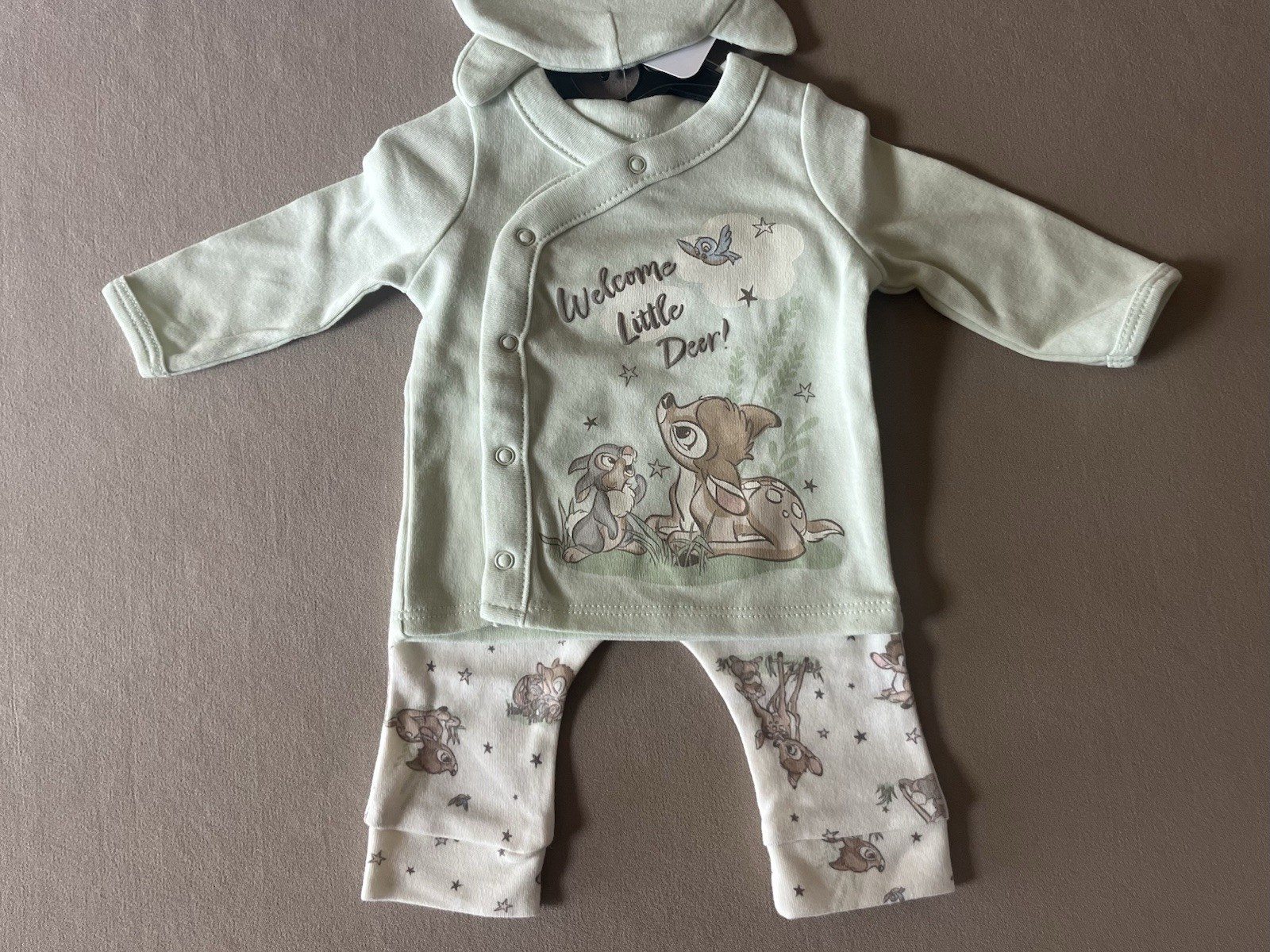 Disney Baby Unisex “Bambi & Thumper” Newborn Long-Sleeve Top, Pants & Bib, New!
