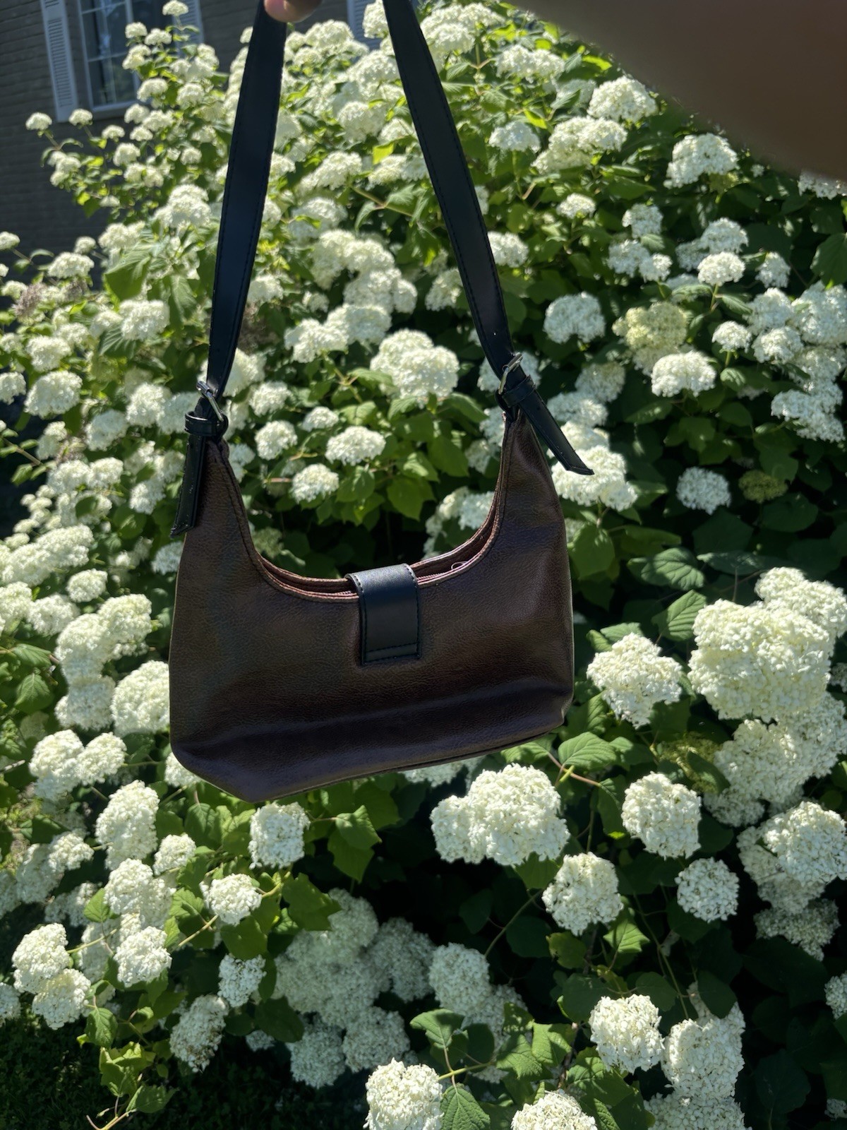 Women’s Brown Solid Crescent Shoulder Bag Black Strap Silver Buckle Accent