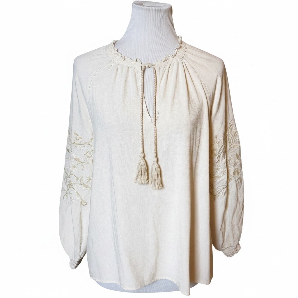 Lovestitch Embroidered Peasant Blouse Womens Small Cream Linen Blend Boho Tassel