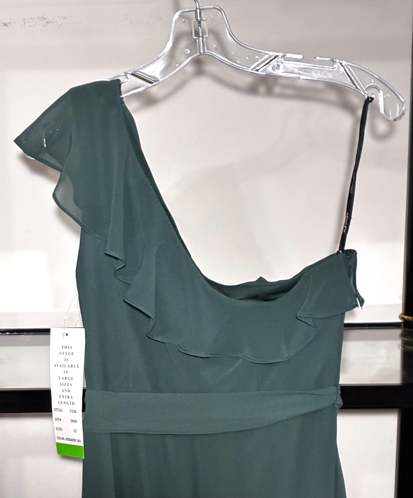 NWT-B Levkoff 7130 Chiffon 1 Shoulder Dress w/Ruffle (Evergreen)-Sz 12 MSRP $183