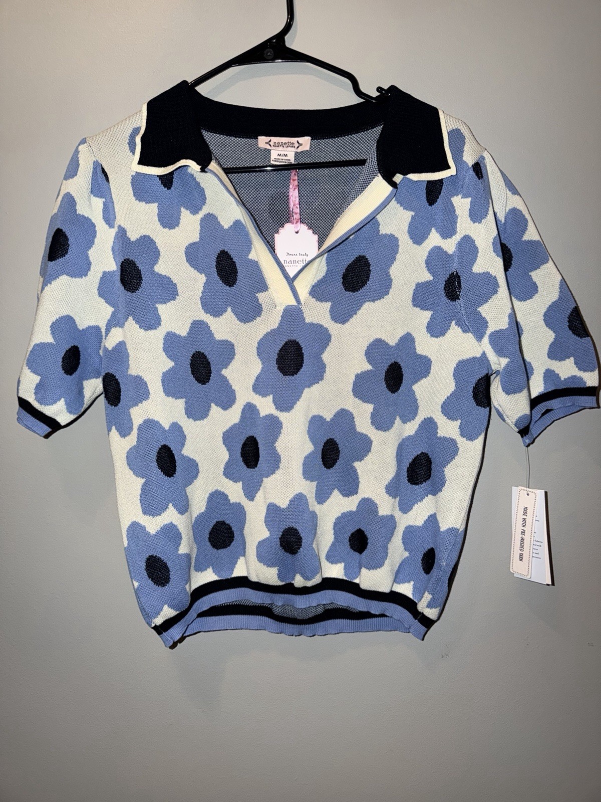 Nanette Lepore Cream Blue Black Floral Lightweight Knit Collared Sweater M