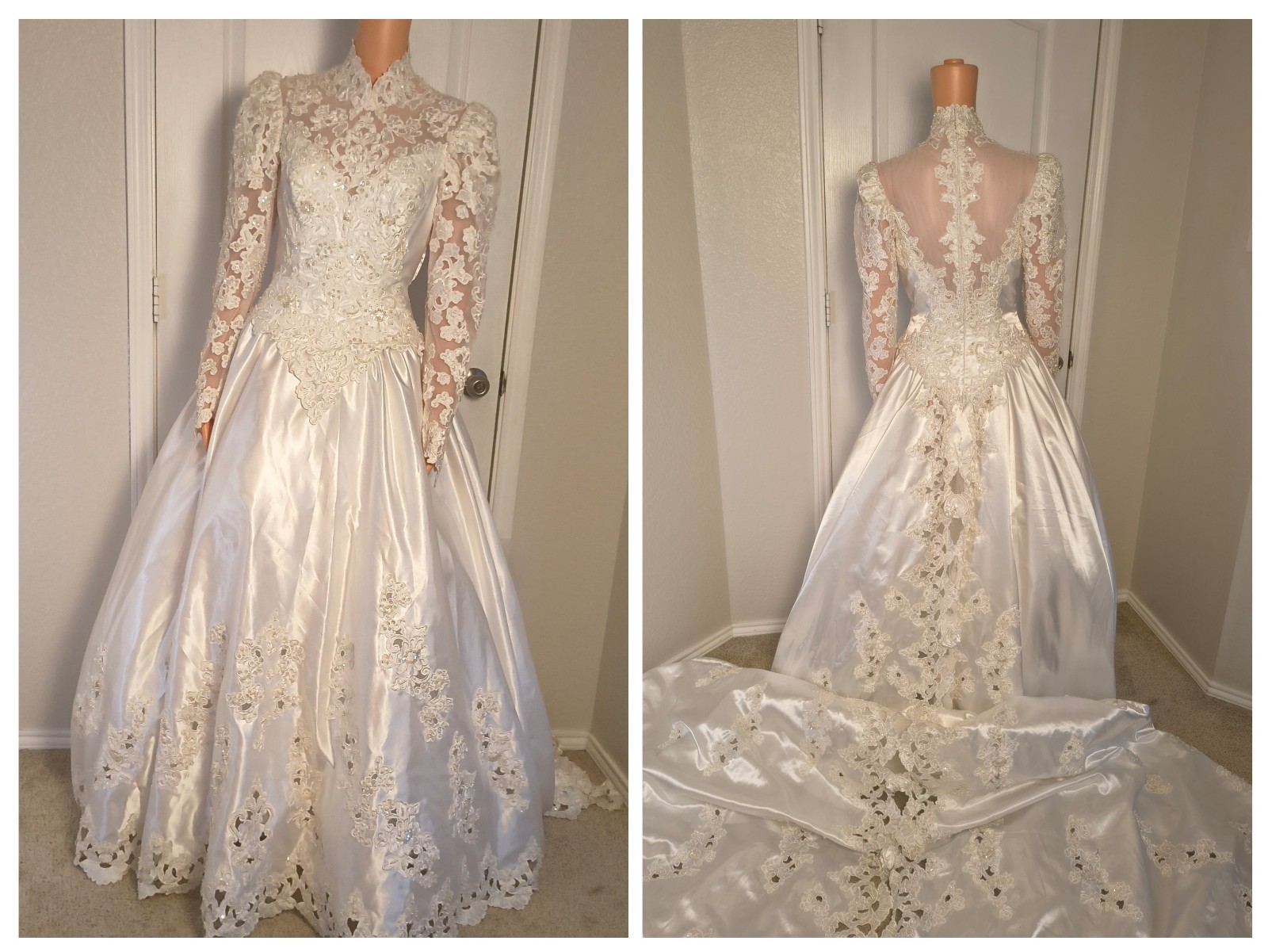 Vintage Victorian High Neck Wedding Dress Satin Lace 80s 90s Size 8 Mori Lee -43