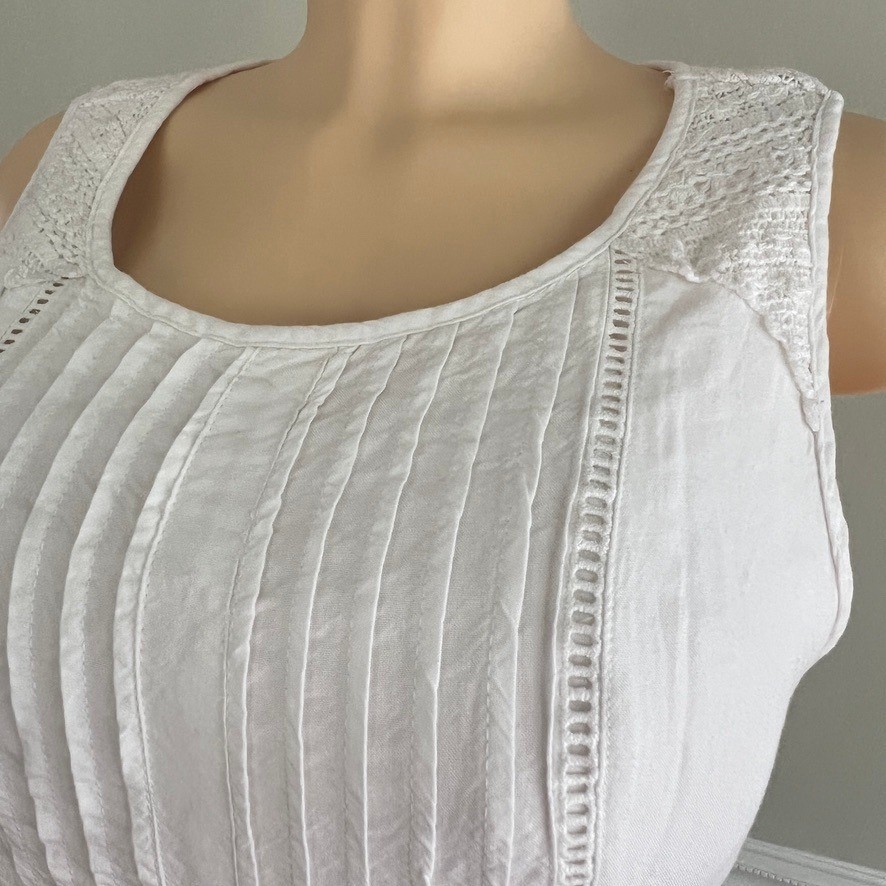 White Pintuck Crochet Lace Sleeveless Fit & Flare Dress Women Size M Summer Boho