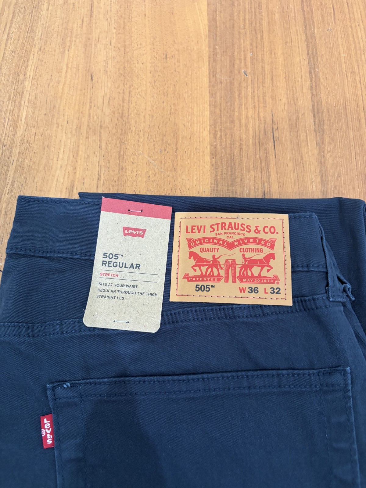 Levis 505 Jeans Men Stretch Regular Fit Zip Navy Blue 36×32 98% cotton