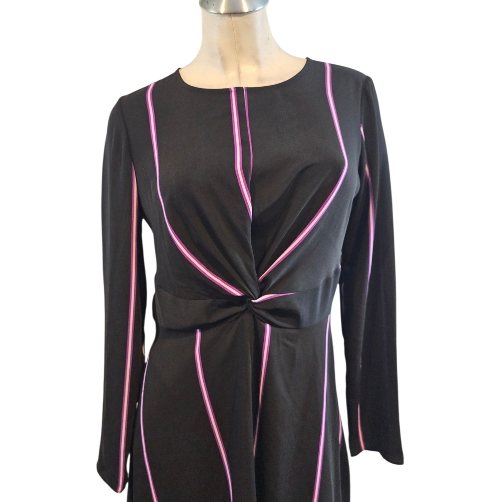 Nine West Size S Dress Asymmetrical Hem Black Purple Stripes Knotted Front