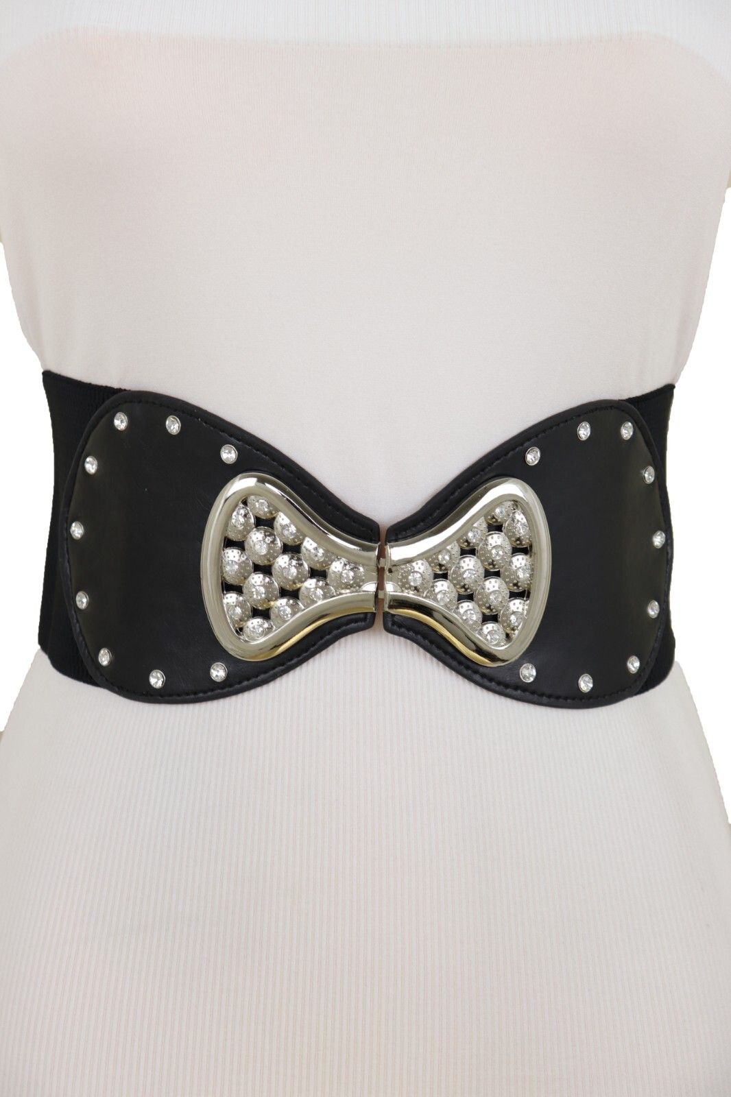 Women Wide Black Elastic Gift Present Belt Bling Bow Tie Ribbon Buckle Size S M