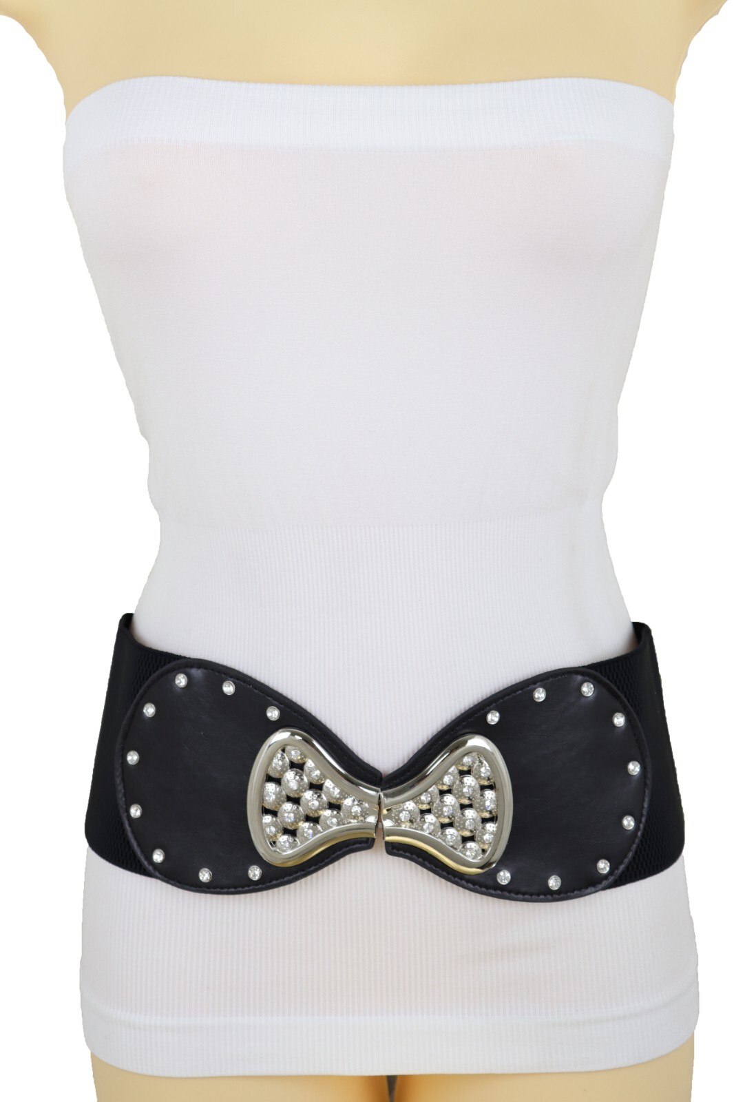 Women Wide Black Elastic Gift Present Belt Bling Bow Tie Ribbon Buckle Size S M