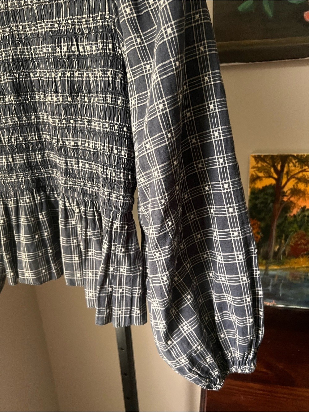 THE GREAT. Smocked Plaid Long-Sleeve Peplum Top