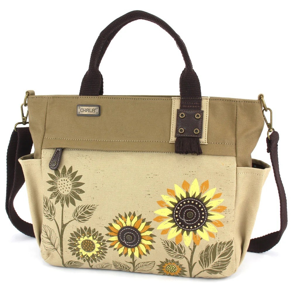 CHALA SUNFLOWER Canvas Print Pocket Tote Detachable Crossbody Strap (Sand) NWT