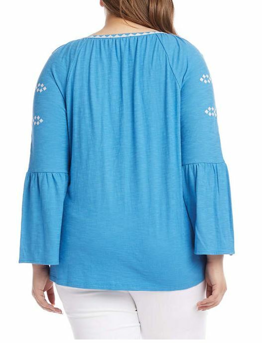 Karen Kane Plus Blue Embroidered Bell Sleeve Top Blouse Plus 1X Retail $129