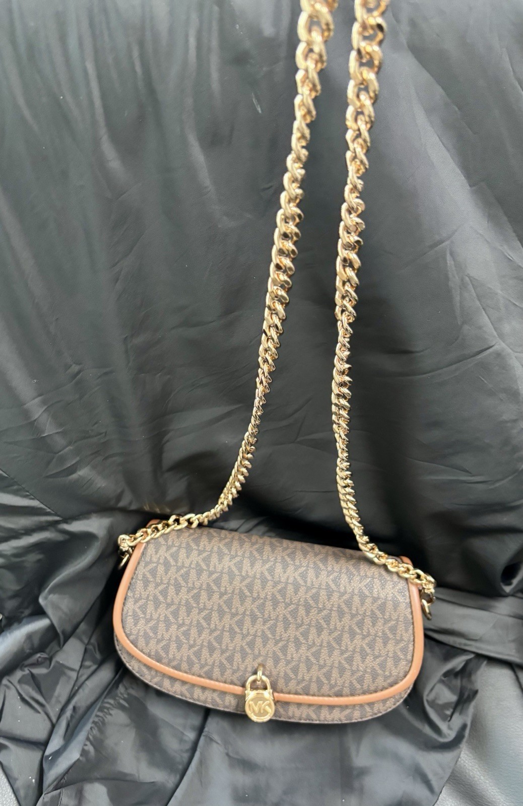 Michael Kors Brown Monogram Small Shoulder Bag Gold Chain Strap Magnetic
