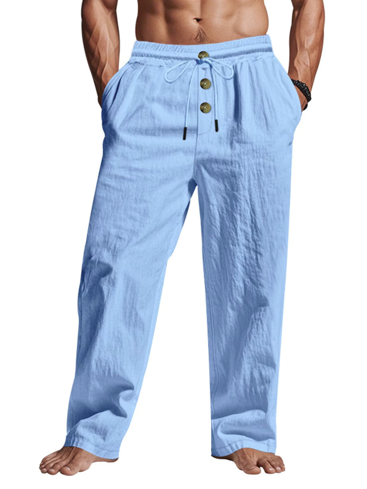 Men’s Casual Elastic Waist Summer Solid Beach Pants Straight Trousers Gift