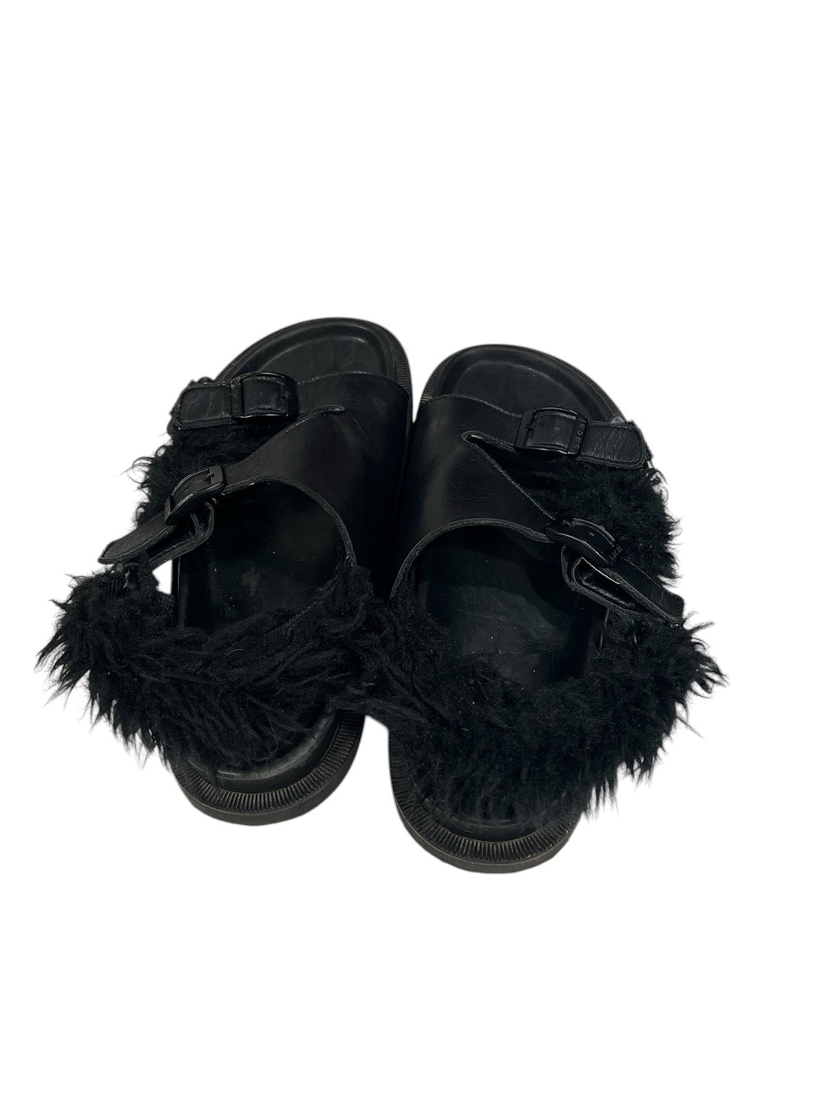Sacai Black Leather Adjustable Buckle Sandals with Fur Trim ($685) Size 7