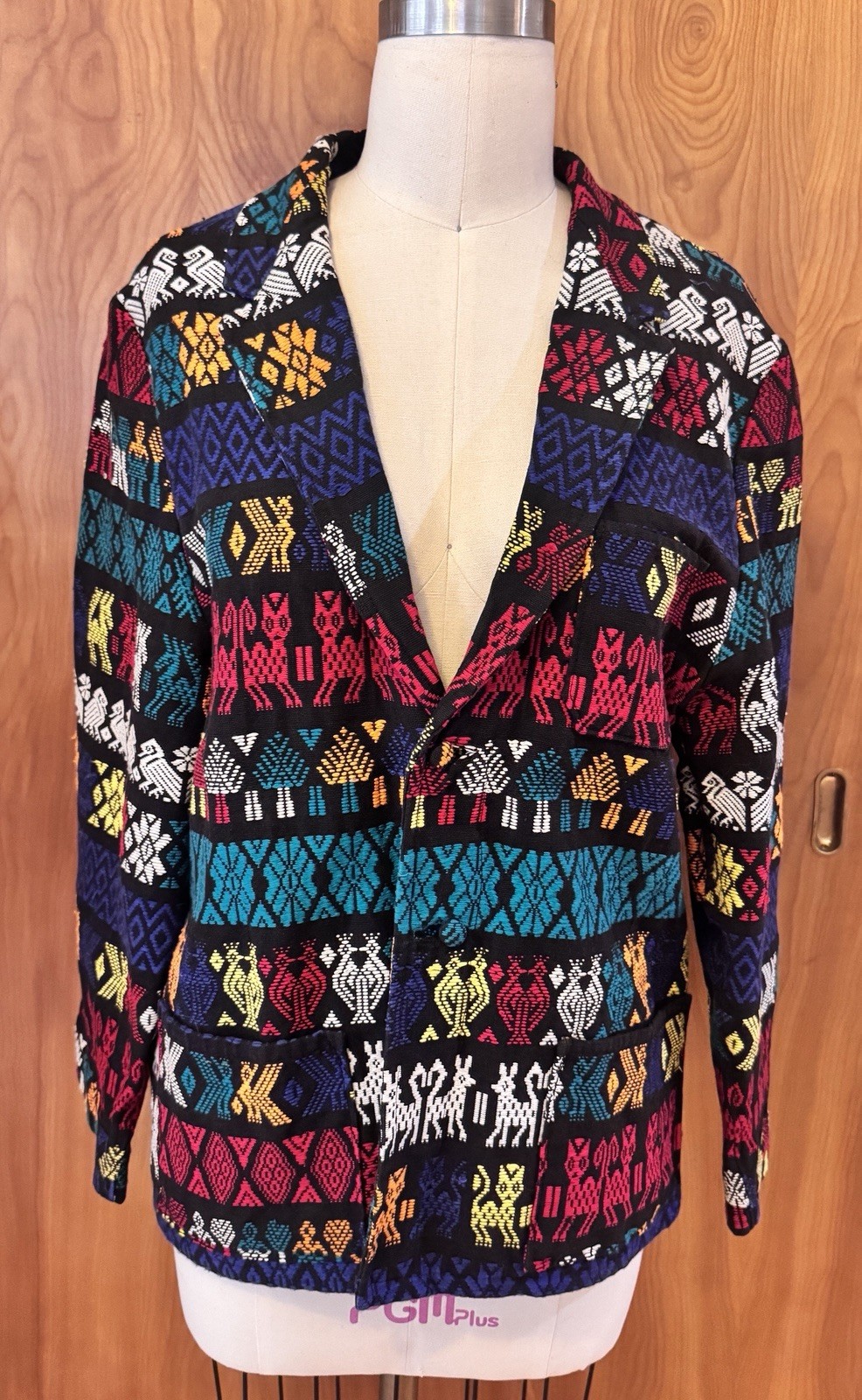 Vintage 70s Guatemalan Handwoven Jacket Men’s M Folk Art Chore Coat Maya Textile