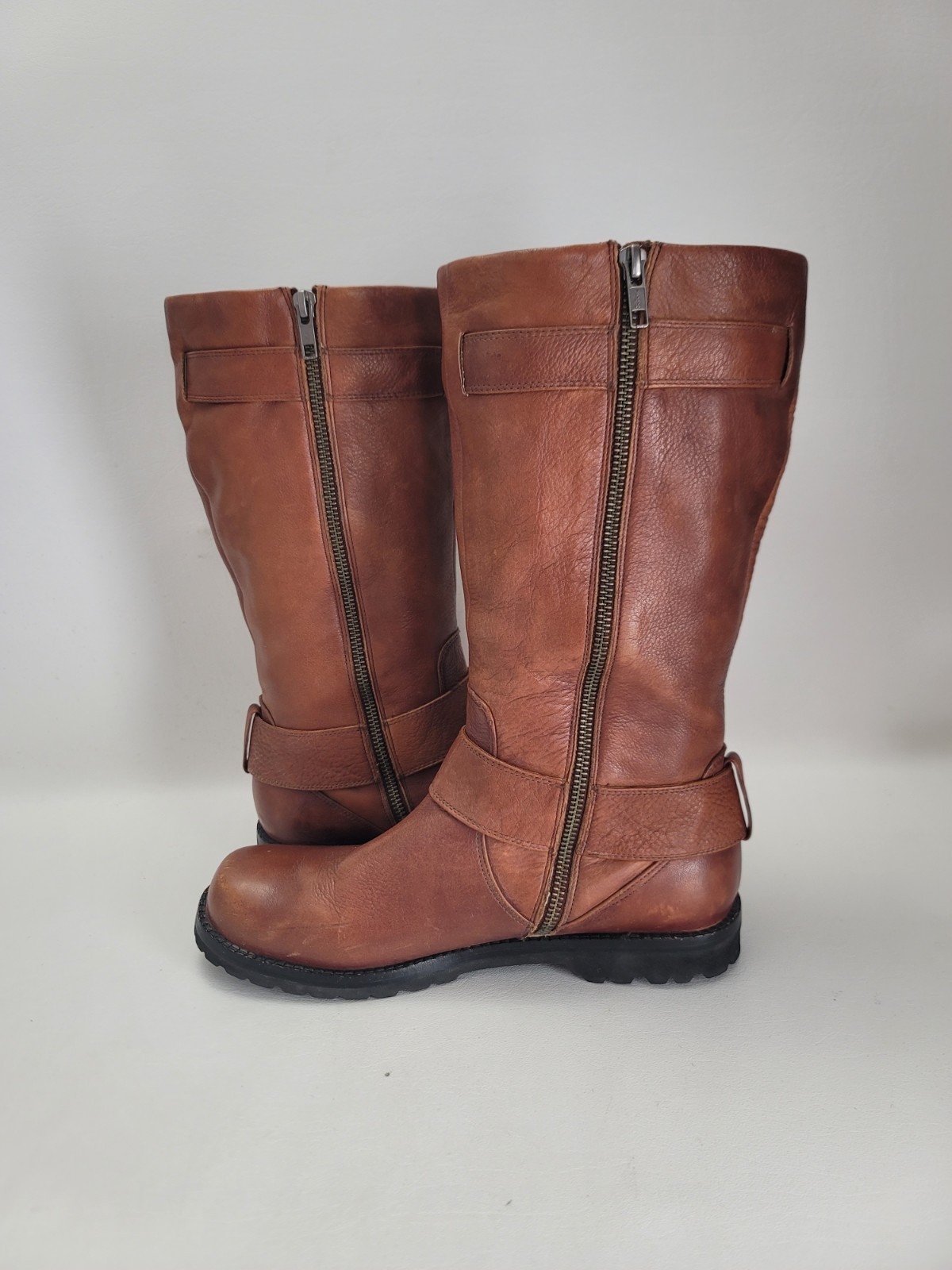 Gentle Souls Brown Camden Moto Double Buckled Up Pebbled Leather Boots Size 8.5