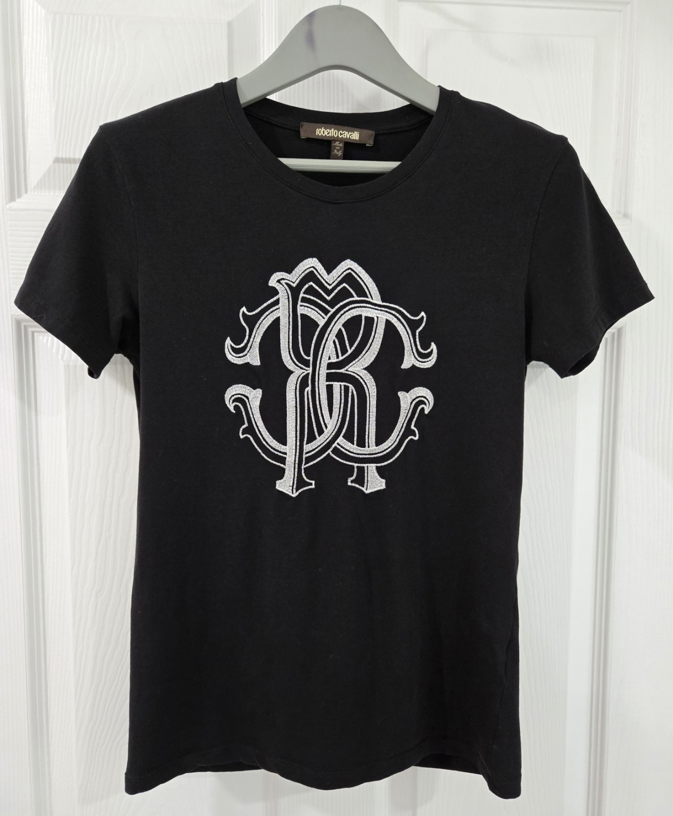 Roberto Cavalli Women Embroidered Monogram Logo Stretch Cotton Black Tee S/M