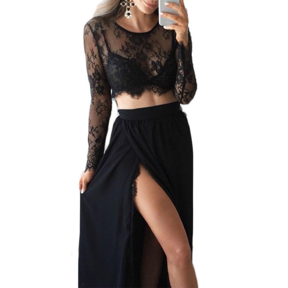 Trendy and Sexy Lace Mesh Sheer Crop Top with Long Sleeves Short Blouse