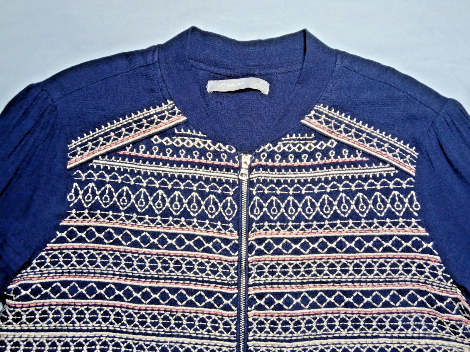 Octavia Zip Front Smocked Shirt Cotton 3/4 Sleeve Swing Peblum Fair Isle Size S