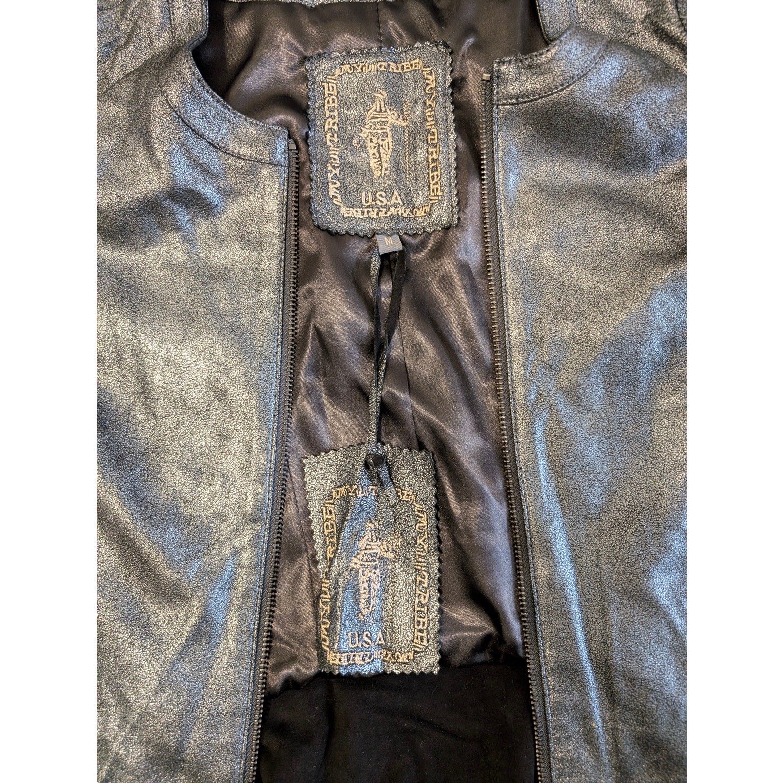 My Tribe Genuine Leather Jacket Womens Medium M Metallic Silver Crop Shrug Coat