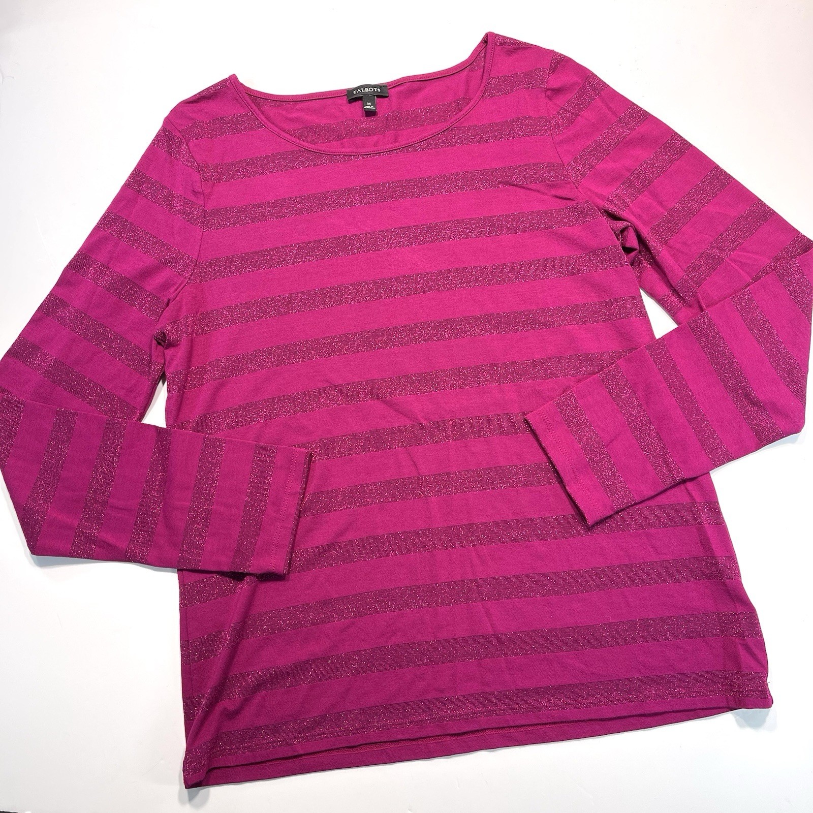 Talbots Long Sleeve Pink Striped Top Solid And Metallic Size Medium
