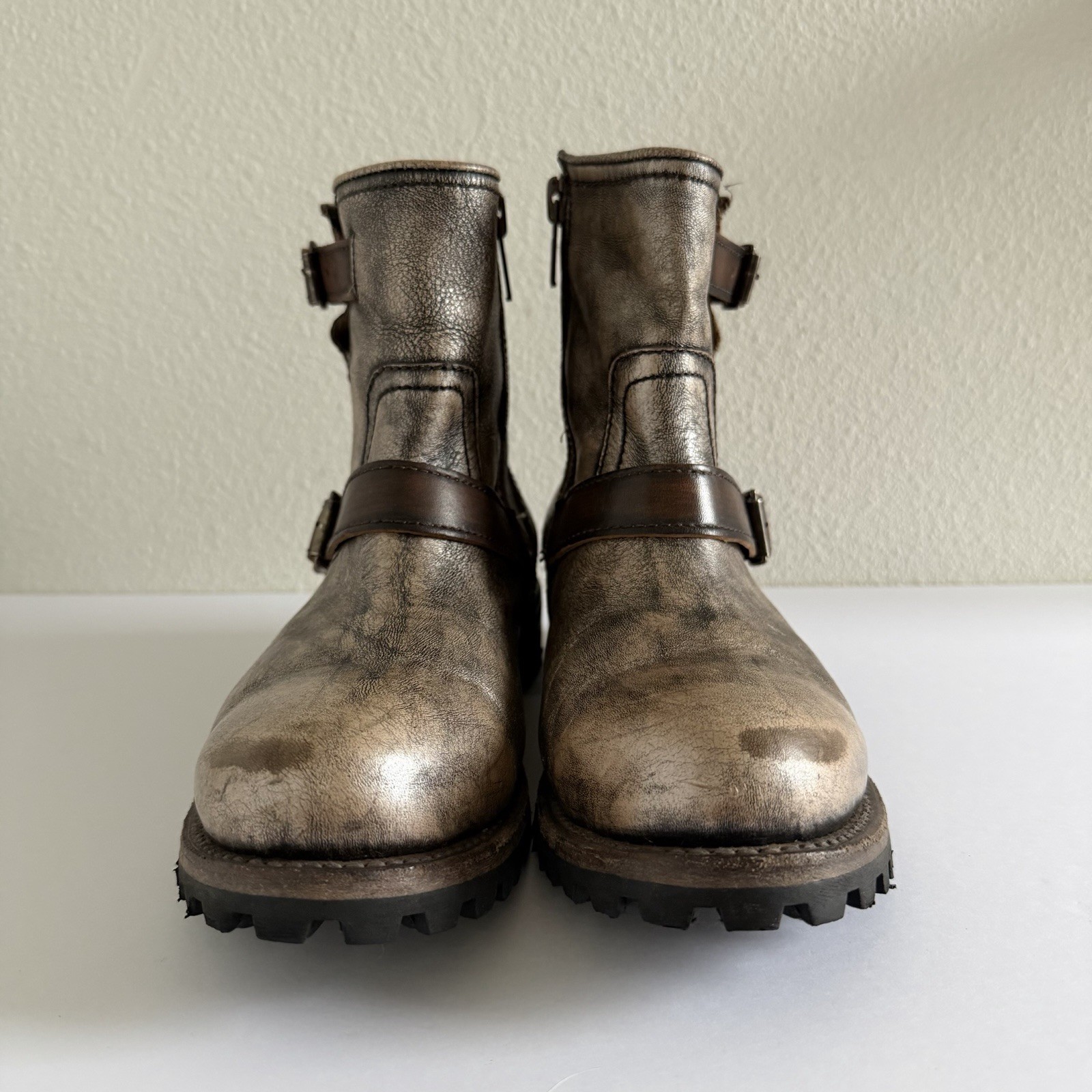 Freebird Harley Metallic Brown Leather Distressed Combat Moto Boots Womens US 12