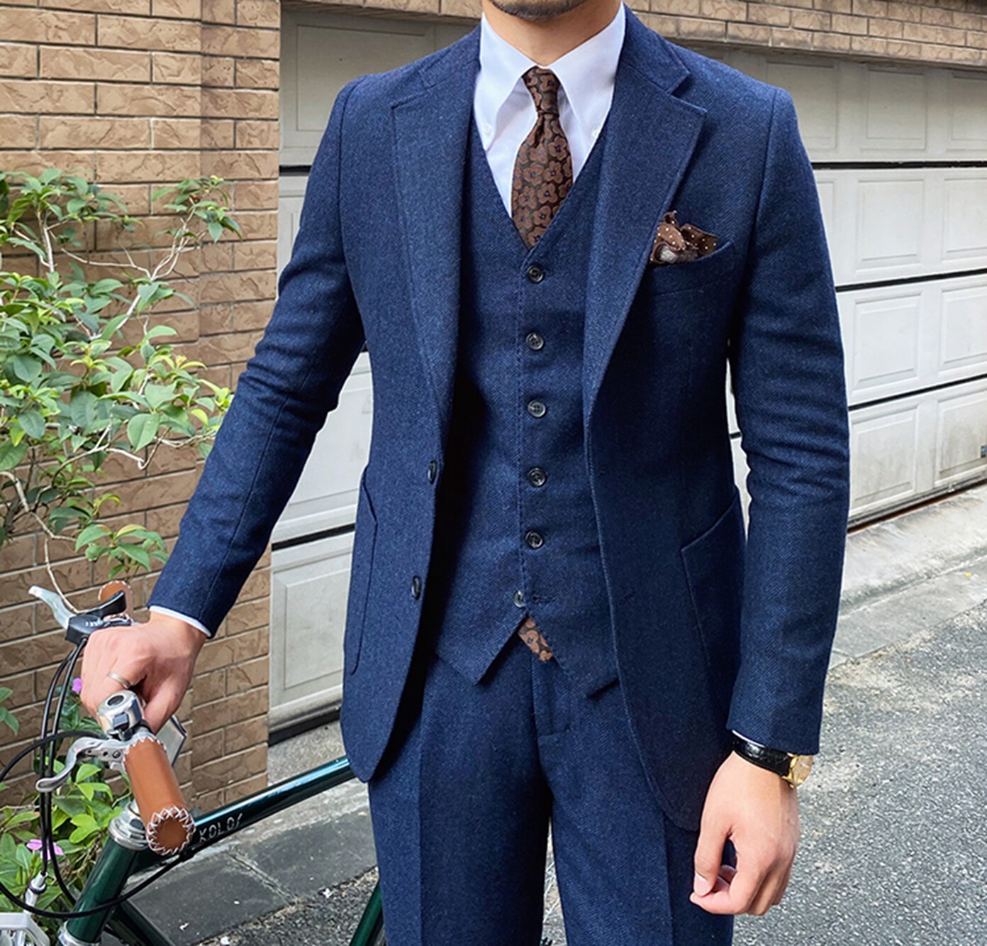 ANSHUHAI Men 3Pcs Suit Tweed Herringbone Wedding Formal Suit Blazer+Vest+pants
