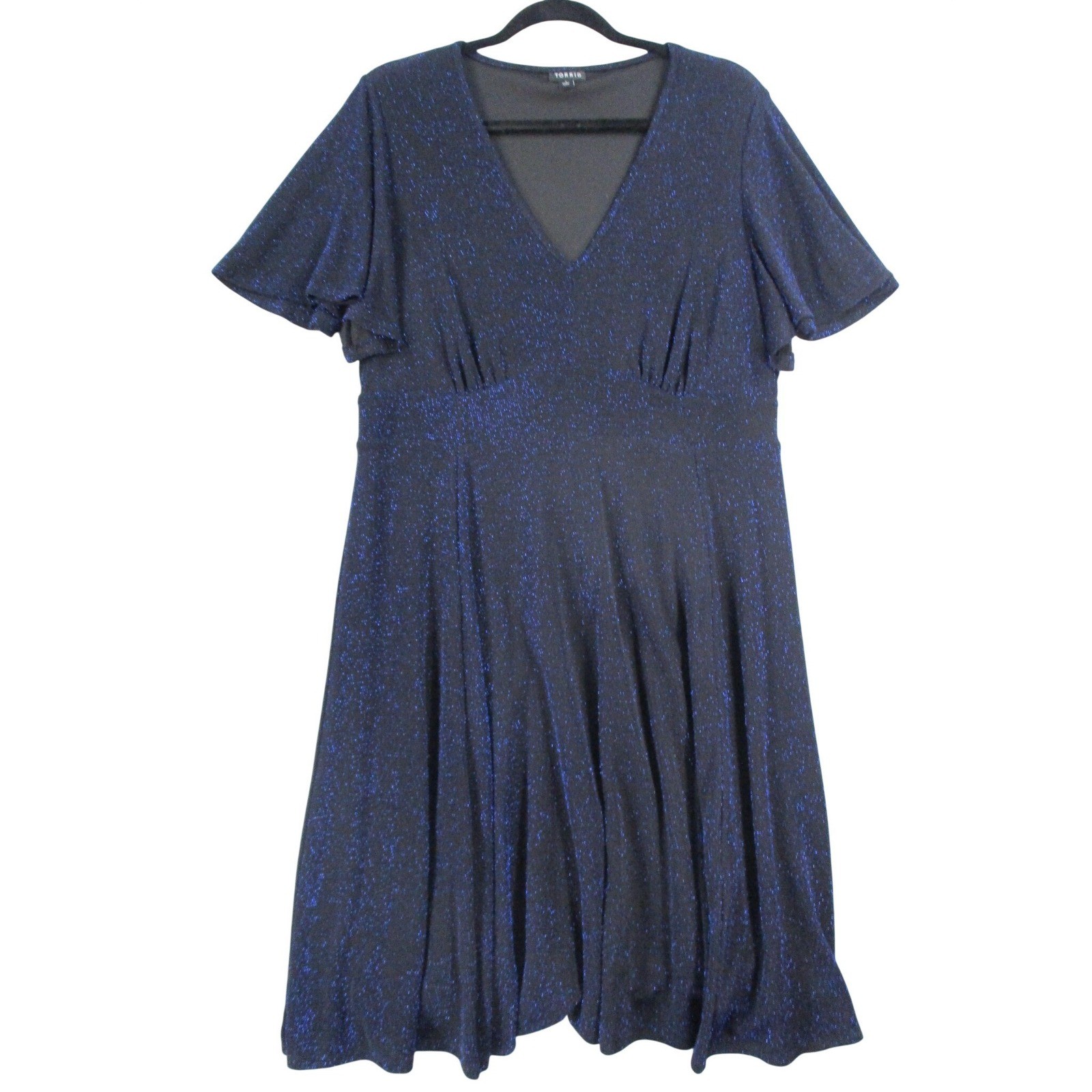 Torrid Women Plus Size 1 Black Blue Metallic Sparkle V-Neck Flutter Sleeve Dress