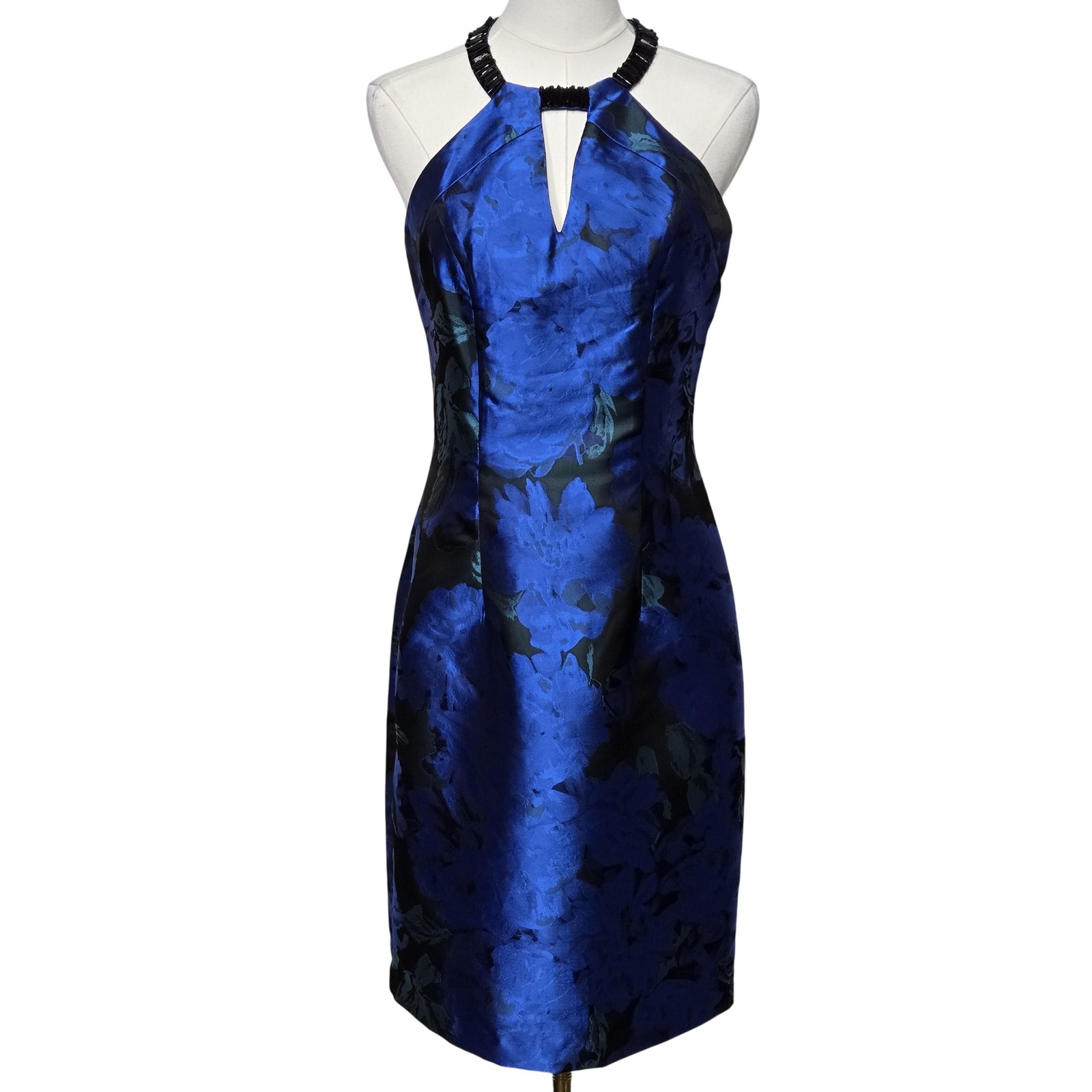Carmen Marc Valvo Dress Womens 4 Blue Floral Jacquard Halter Sheath Cocktail