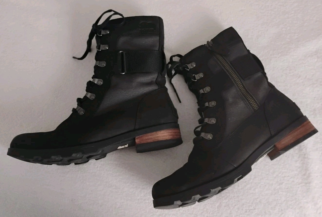 Sorel Emelie Conquest Boots Women’s Black Waterproof Lace Up Combat Lug Moto 9.5