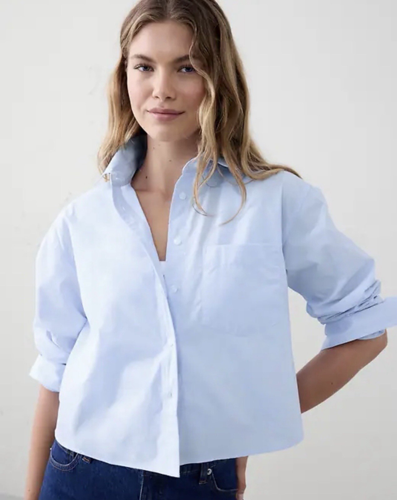 Banana Republic Boxy Crop Poplin Long Sleeve Shirt Baby Blue Structured Chic EUC