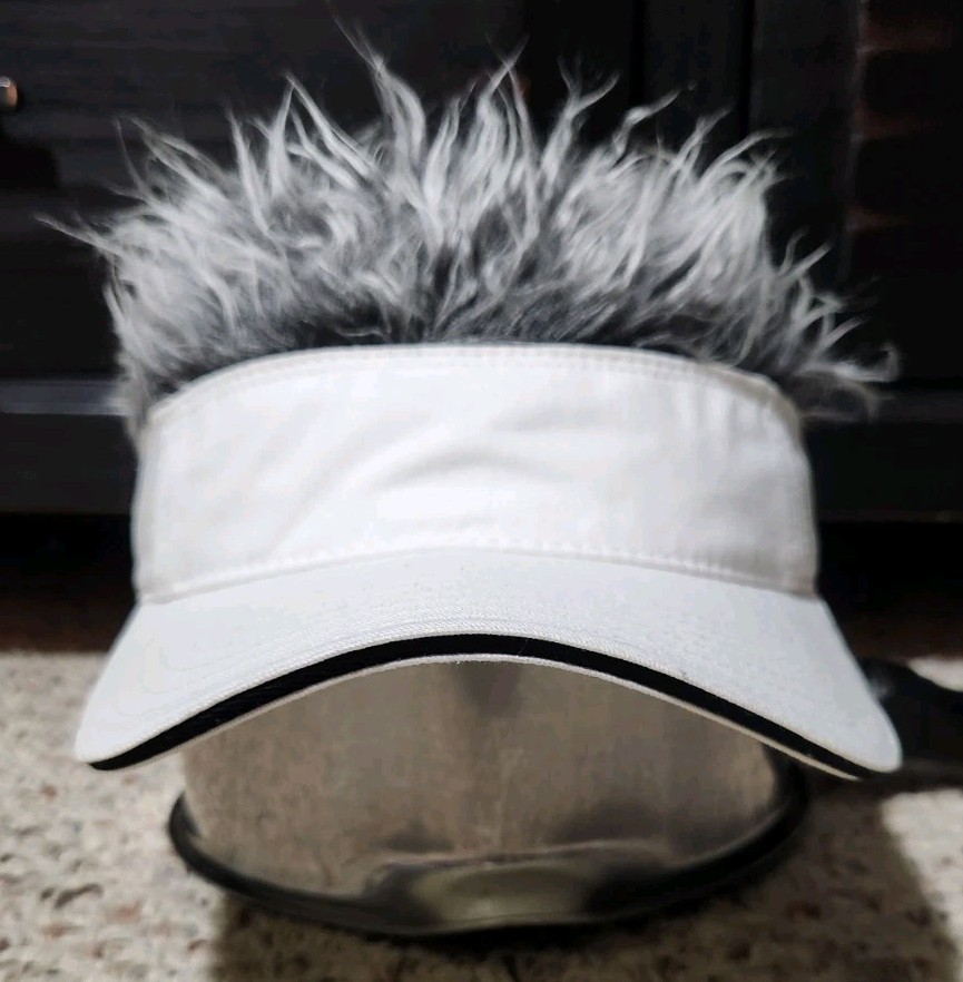 White Novelty Visor With Built In Gray Hair Wig Mens OSFA Strapback Adjustable
