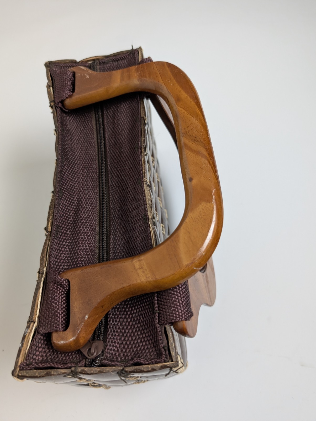 Handcrafted Brown Woven Coconut Shell Purse with Wooden Handles & Zipper Closure