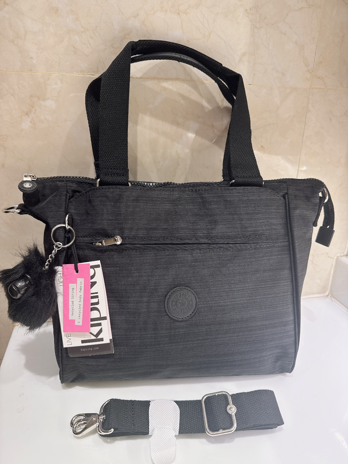 NEW Kipling linen Black Women’s Tote Bag handbag with Monkey Charm
