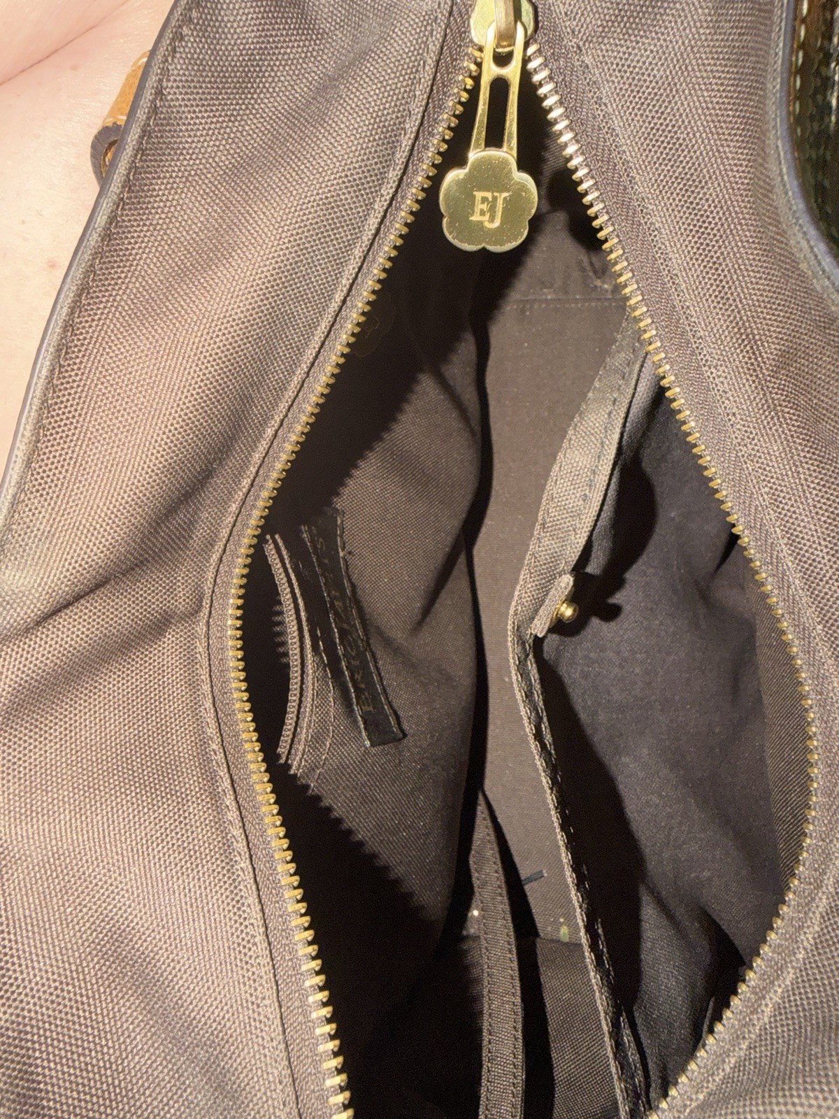 Eric Javits Striped Brown Multicolor Tote Zip Top Lined Pockets Studs