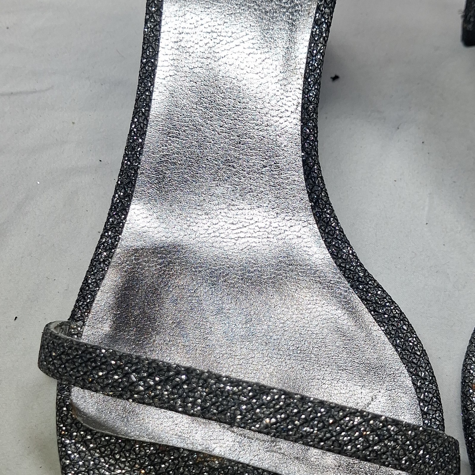 Stuart Weitzman Pewter Glitter Ankle Strap Stiletto Open Toe Heels 7B