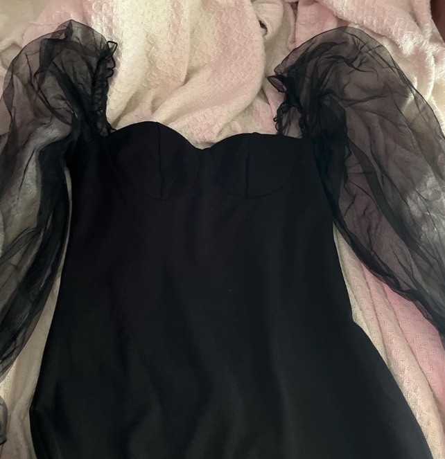 Women Black Sweetheart Neck Sheer Puff Long Sleeve Bodycon Midi Tulle Dress xl