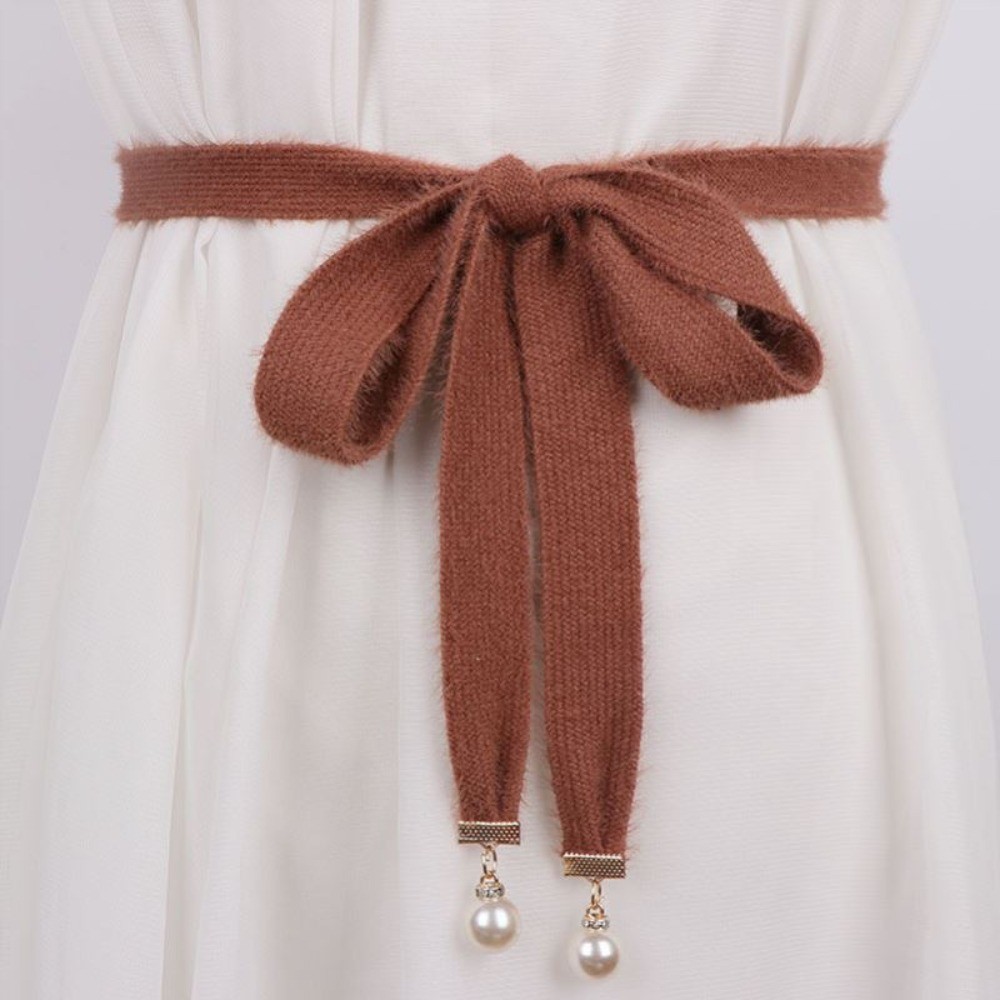 Women Knitted Beaded Belt Waistband Tie Ribbon Strap for Sweater Jumper Cardigan