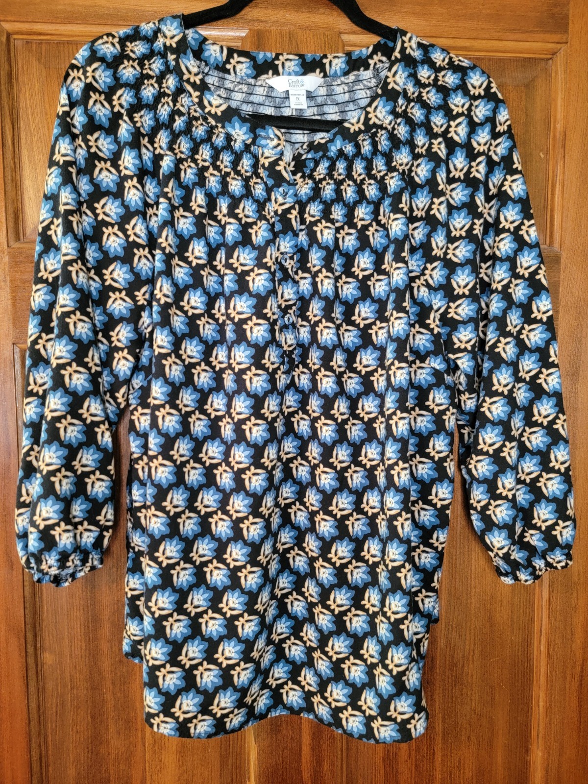Croft & Barrow Blouse Women 1X Black Geometric V-Neck 3/4 Sleeve Button Rayon