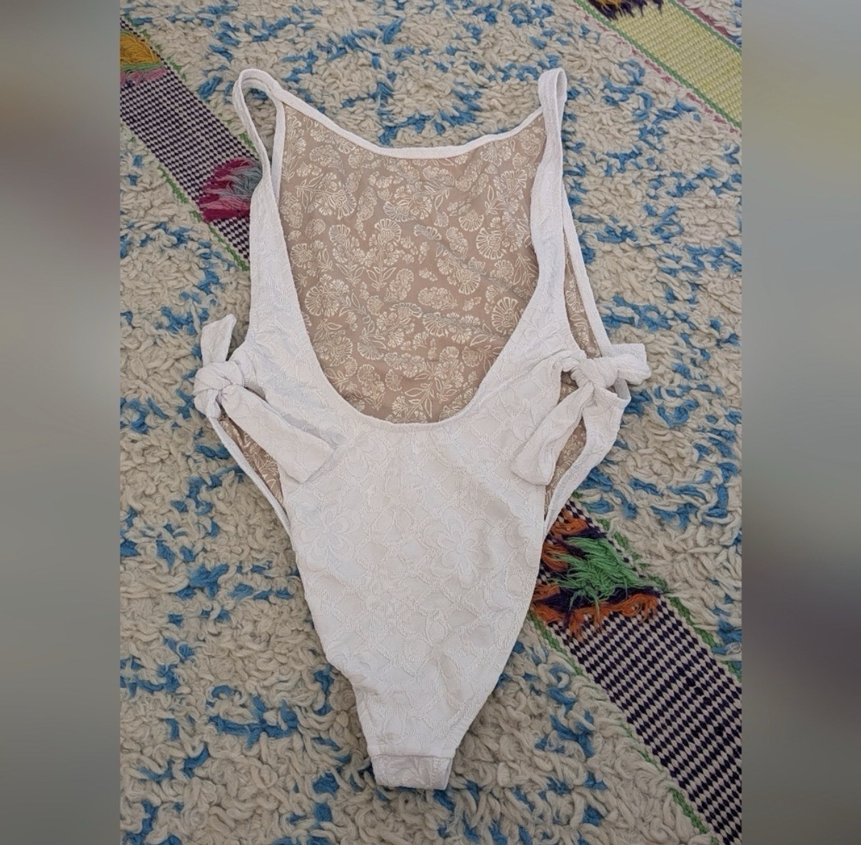 Free People White Floral Lace One-Piece Swimsuit Side Tie Stretch Size L