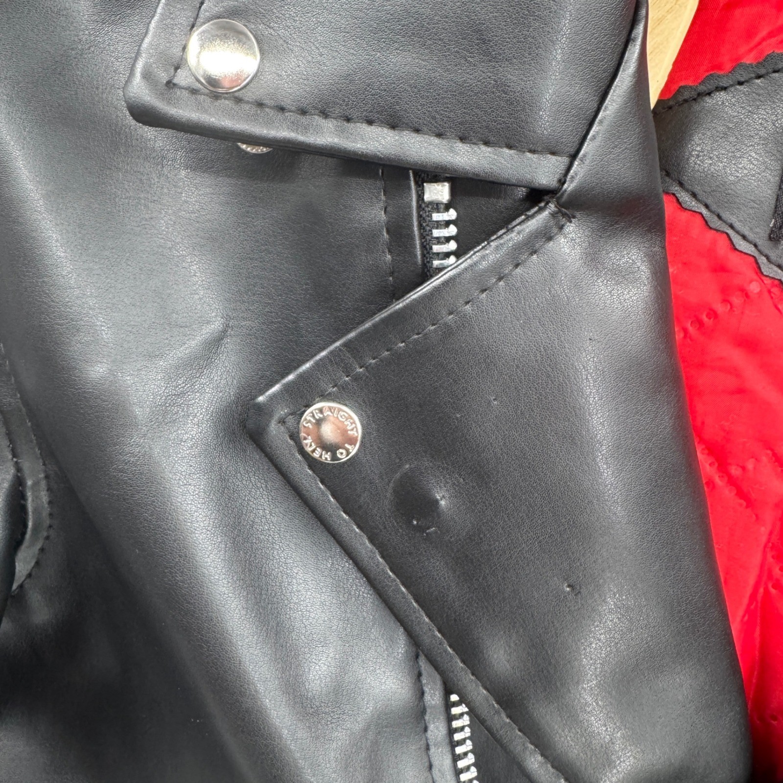 Straight to Hell Moto Jacket Large Black Faux Leather Red Quilted Lined Belted