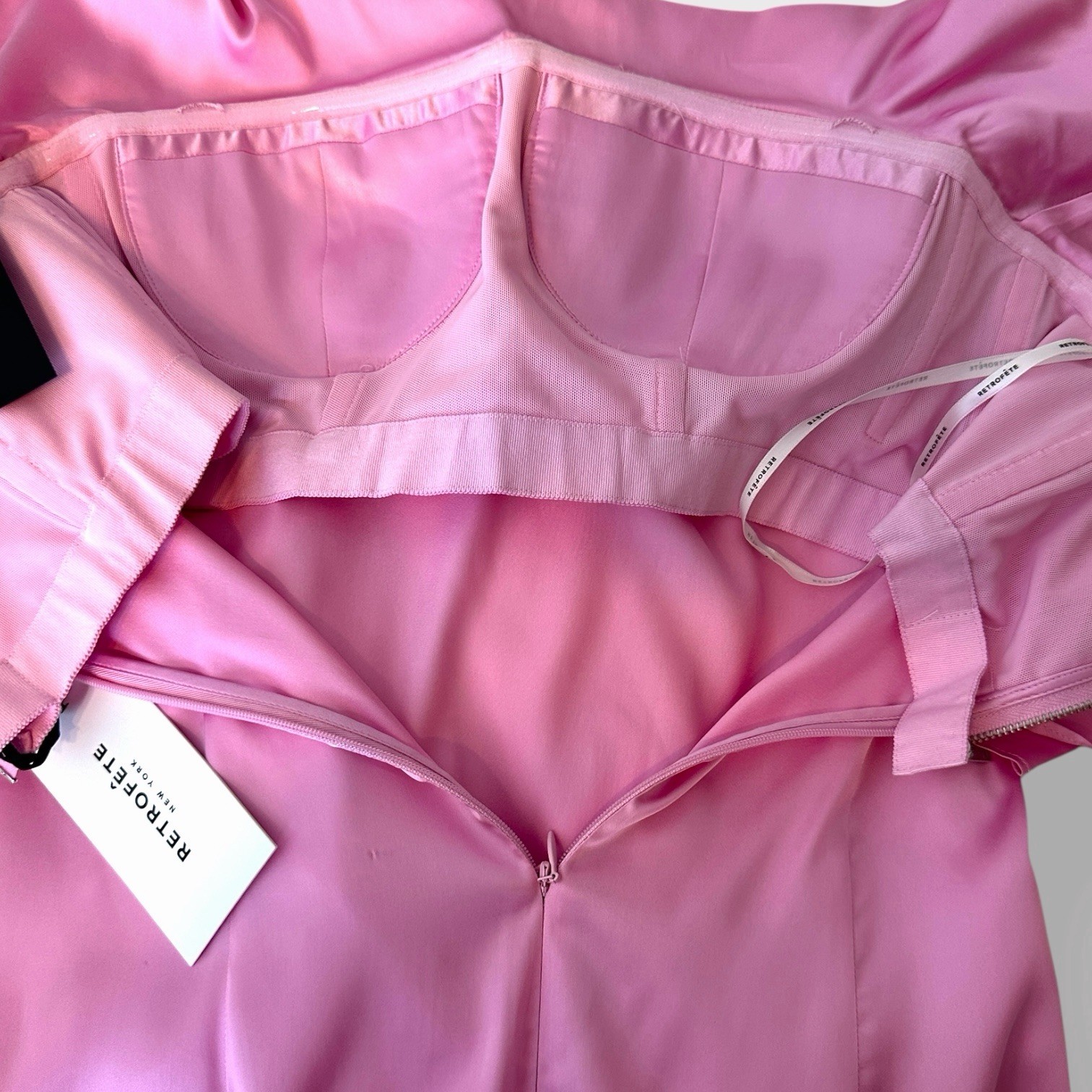 $798 Retrofete Queenie Strapless Pink Ruffle Satin Designer Maxi Dress Small