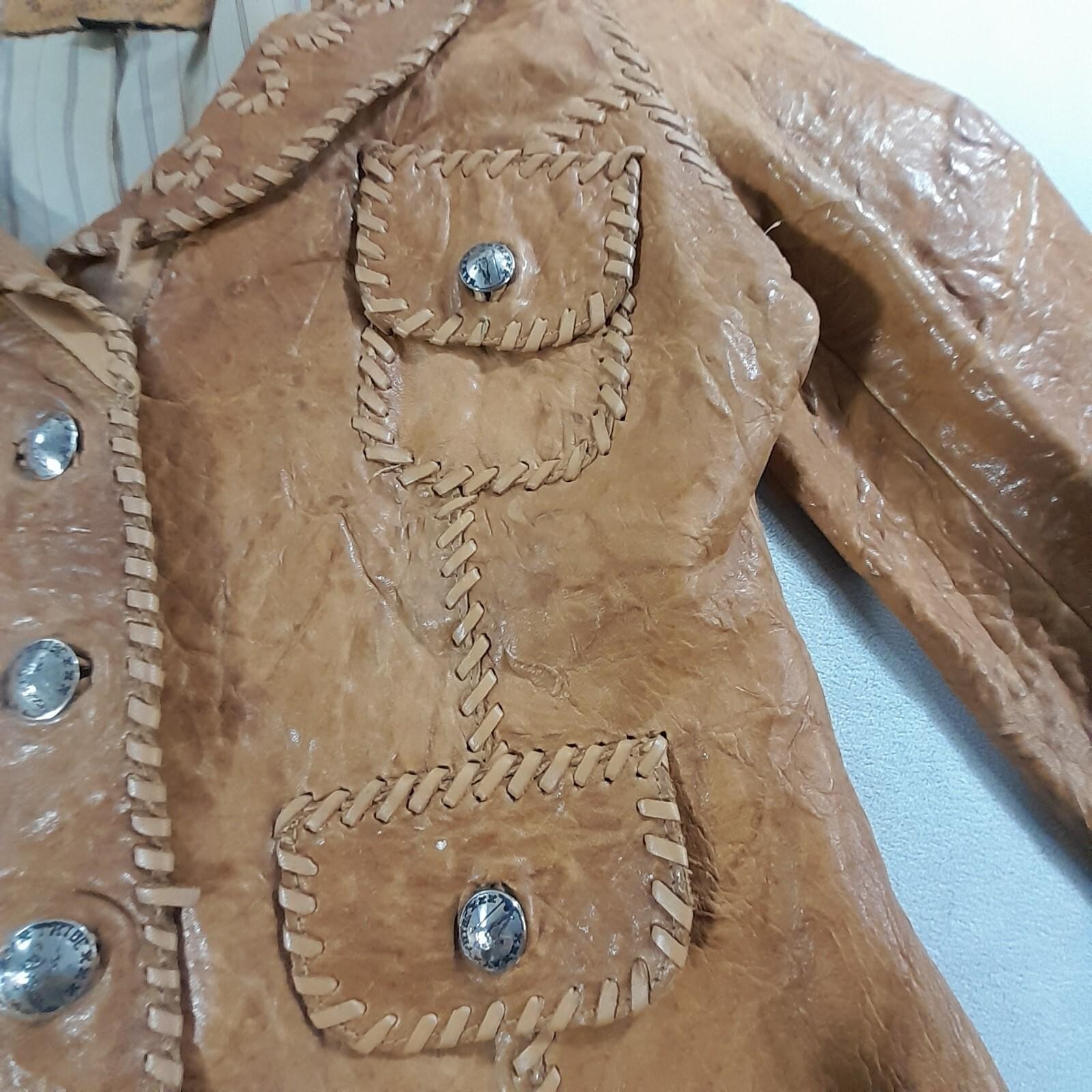 My Tribe Jacket Orange Thick Leather Whipstitch Lined Metal Button Closure USA