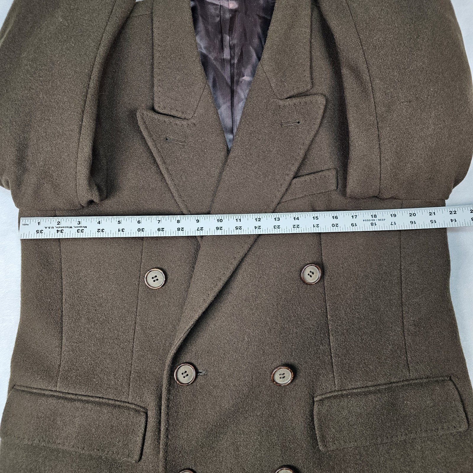 Vtg Double Breasted Wool Coat Men 40S Peak Lapel Flannel Olive Green Heavyweight