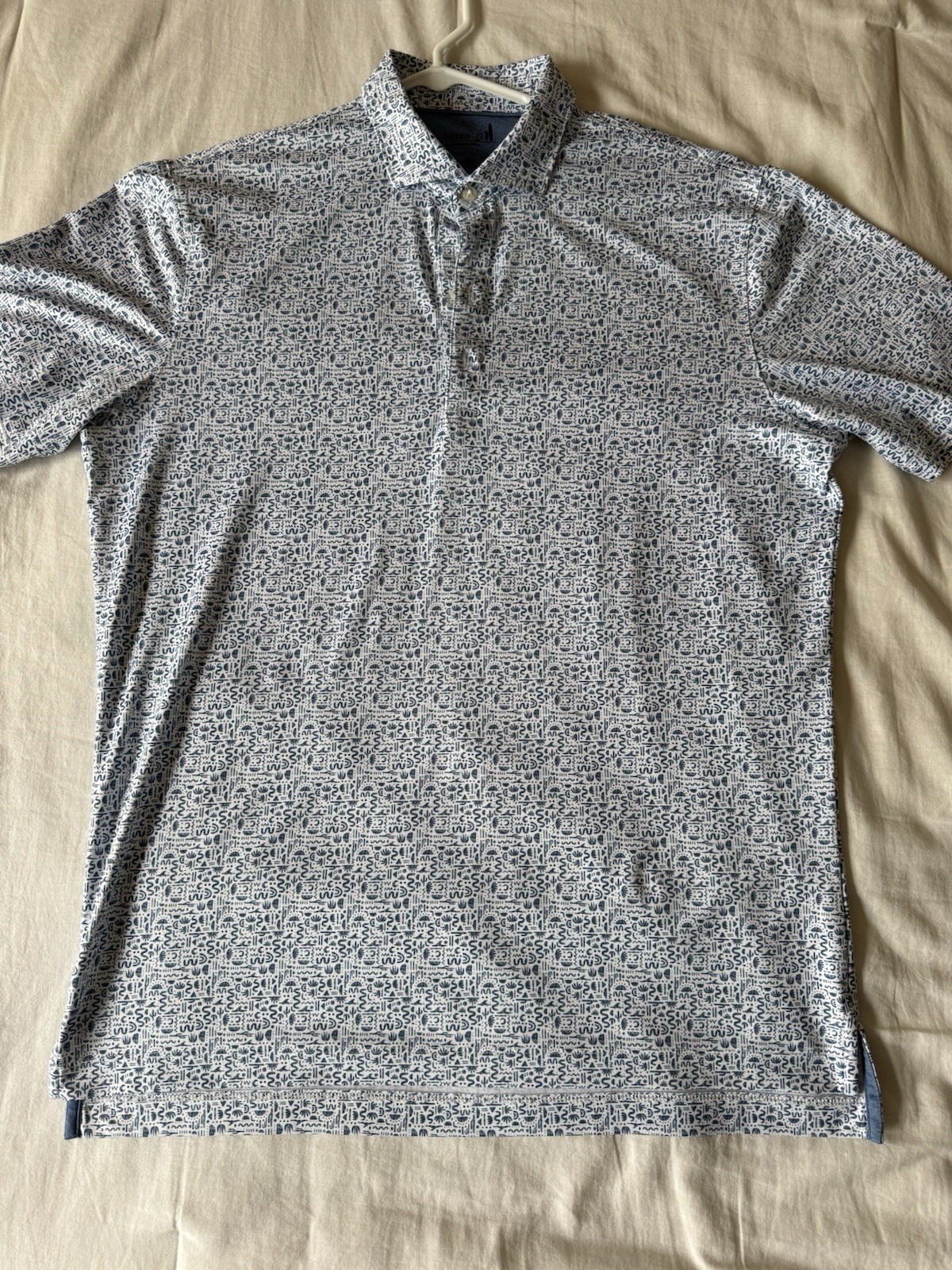johnnie-O Men’s Polo Shirt M White/Blue Graphic Print Logo Short Sleeve