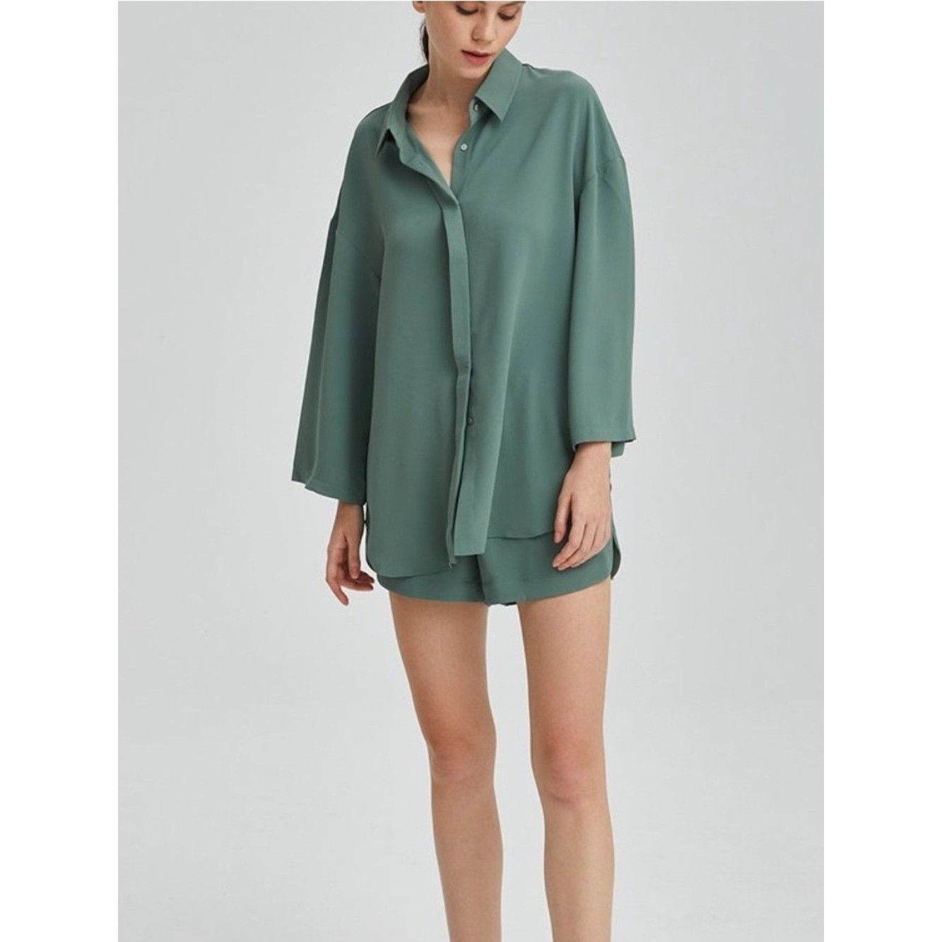 Nap Loungewear Sage Green Turn Down Collar Two-Piece Set Top & Shorts Large