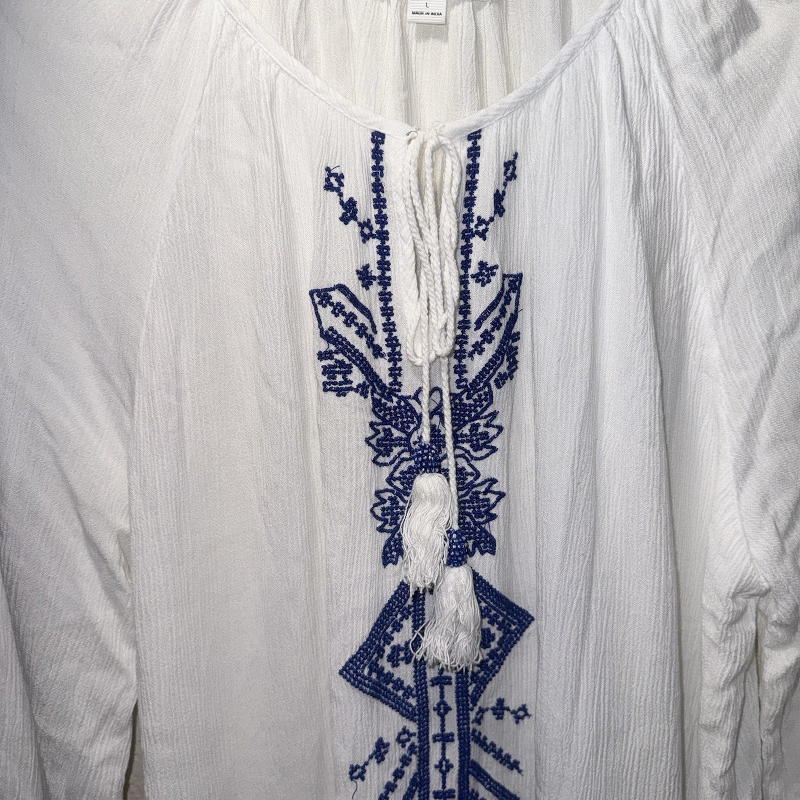 Ultra Pink Large White Embroidered Boho Peasant Tassel Sheer Top