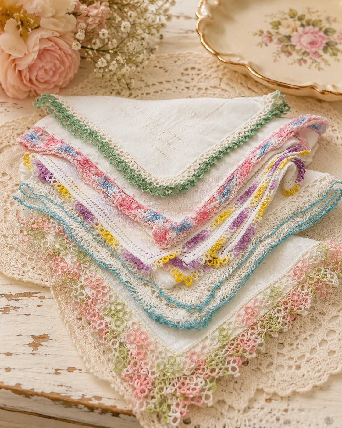 Vintage Lace Trim Handkerchief Lot Crochet Edge Hankies Pastel Tatting Linen…