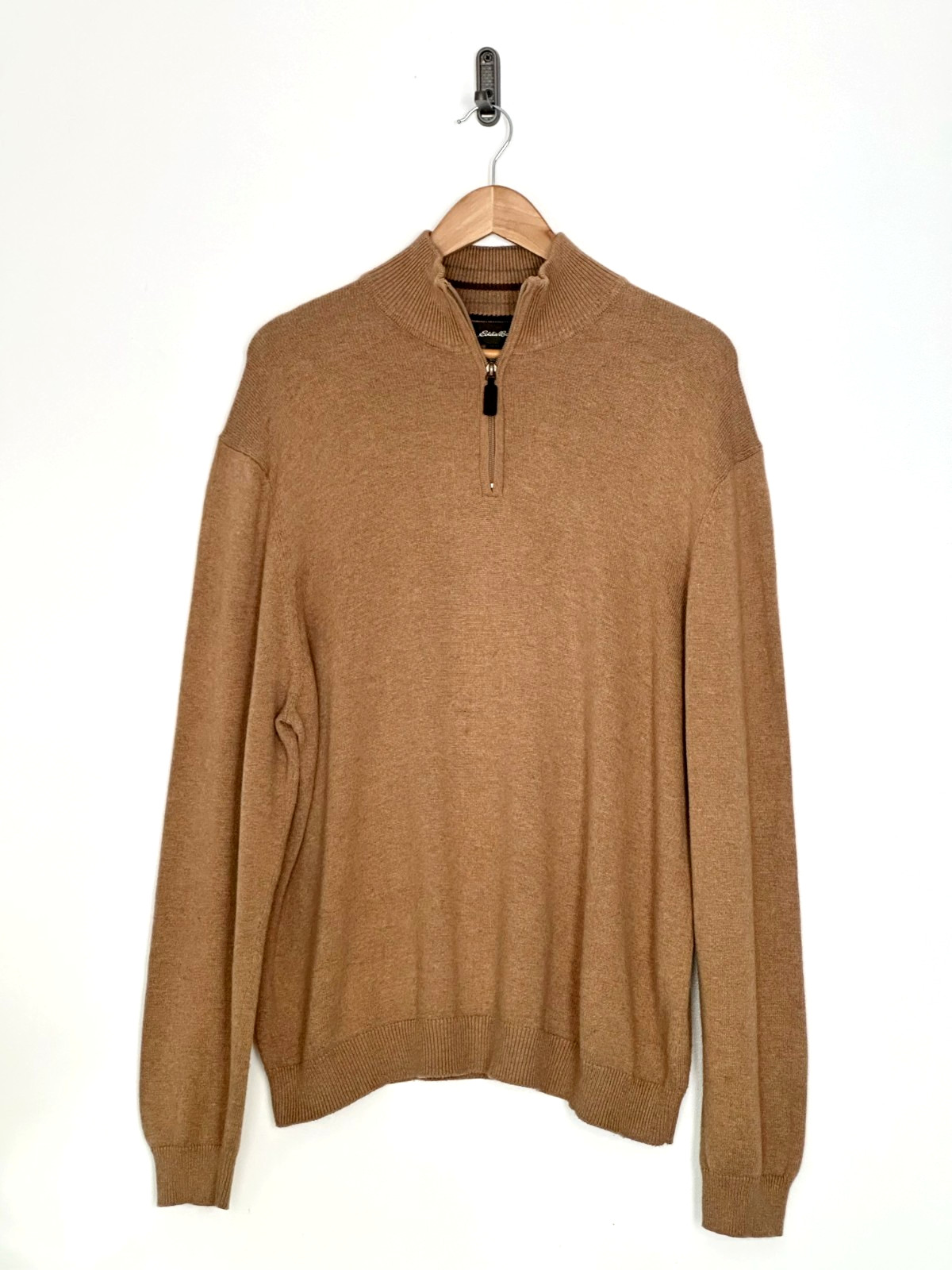 Eddie Bauer Mens Large Cotton Cashmere Quarter Zip Sweater Camel Brown
