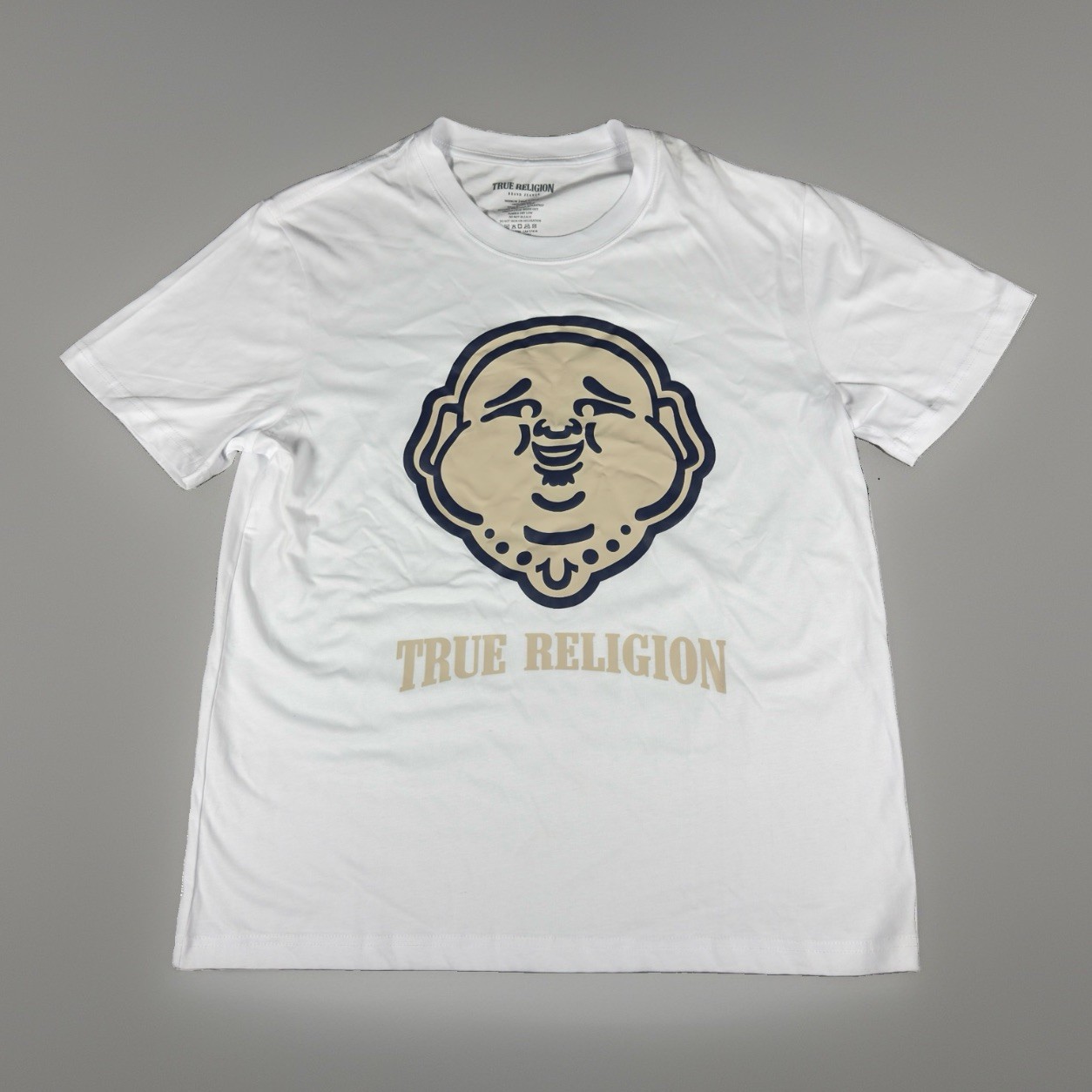 True Religion Mens Puff Buddha Face Graphic T-Shirt Medium Optic White Cotton